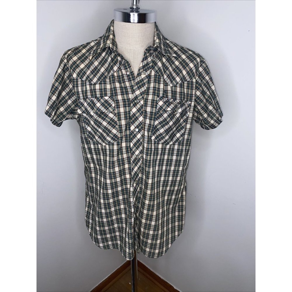 Lariat Men's Pearl Snap Shirt Sz LTan Green Plaid Western Cowboy Saw Tooth